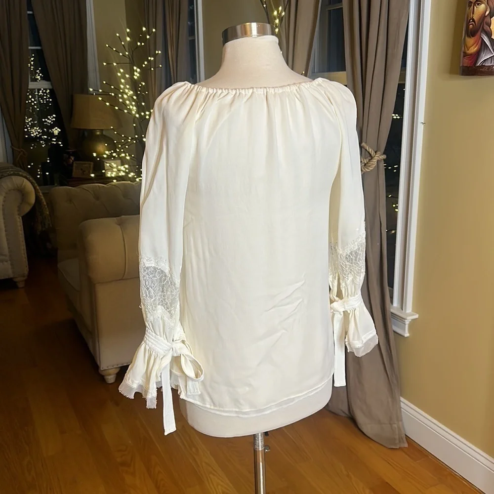 Tory Burch Christy Boat Neck, Lace Inset Long Sleeve Silk Blouse Small